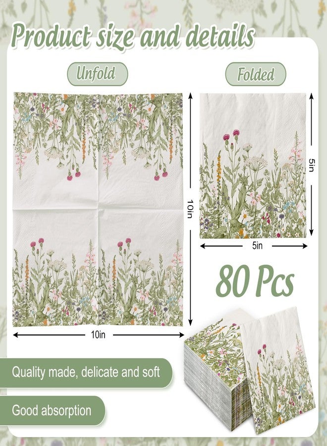 JarThenaAMCS 80Pcs Green Wildflower Cocktail Paper Napkins Vintage Wild Floral Disposable Napkins Decorative Beverage Napkin for Bathroom Wedding Baby Shower Party Table Decor Supplies - Image 2